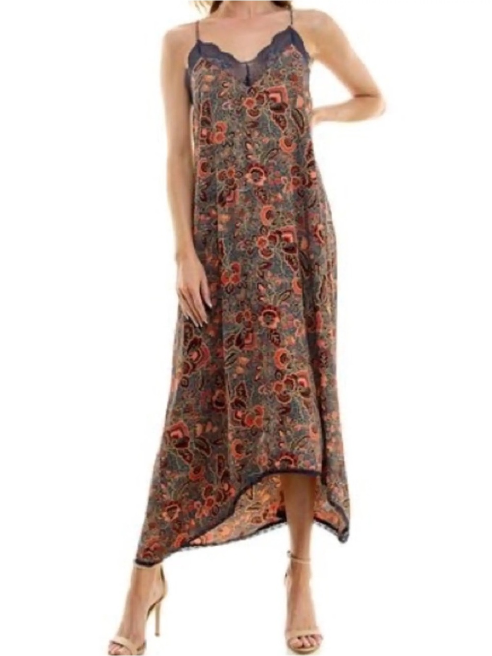Socialite Printed Asymmetrical Slip Dress in Brown and Orange (M)
